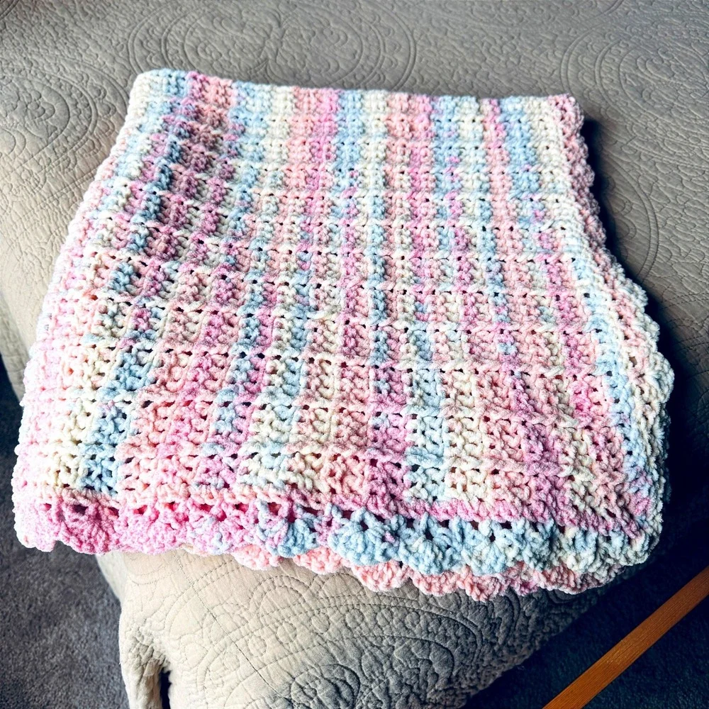 Crochet Baby Blanket Handmade Pastel Pink Blue White Super Soft Yarn 38x38 Throw